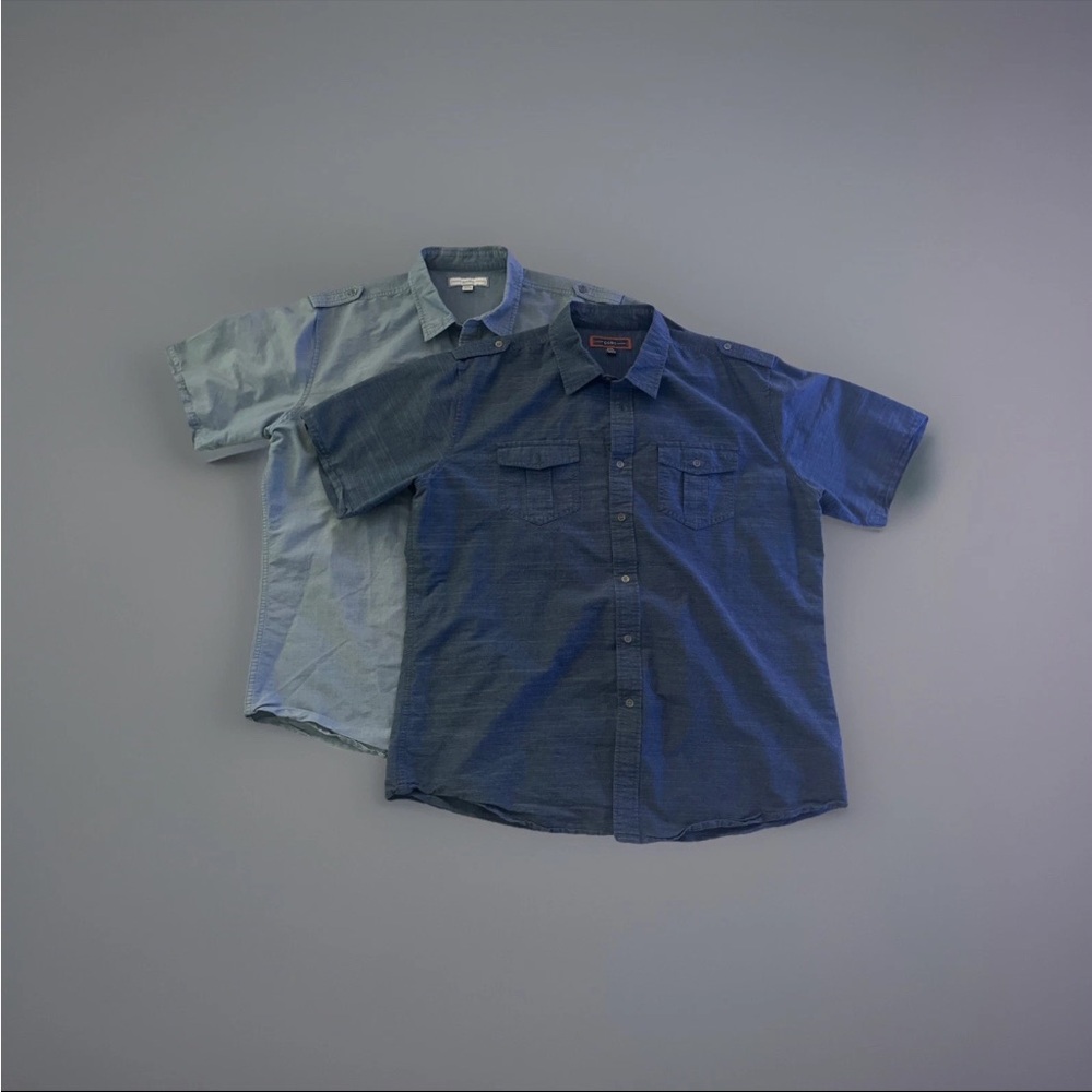 PD&C Mens Shirt 2XL lot of 2 Blue Short Sleeve Button Up Double Pockets